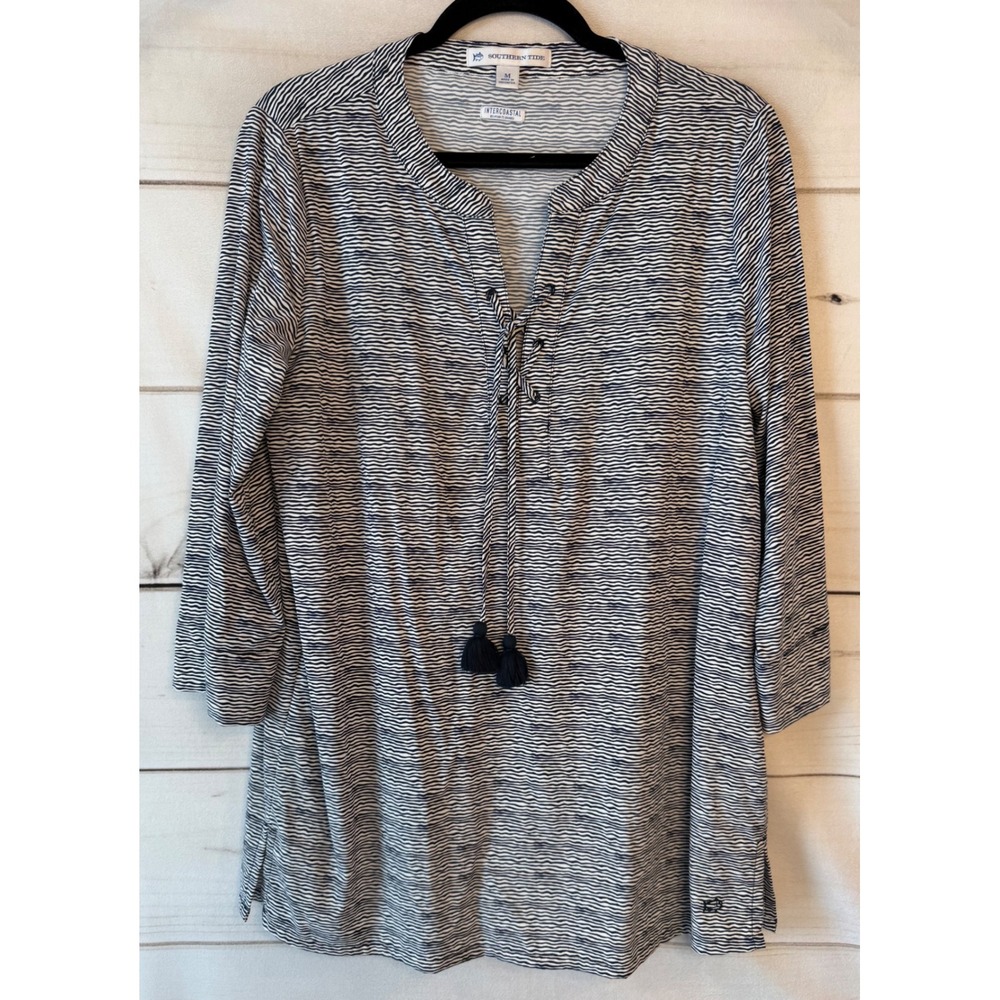 Southern Tide Intercoastal Tunic Top Womens Medium Navy White Stripe Lace Up M
